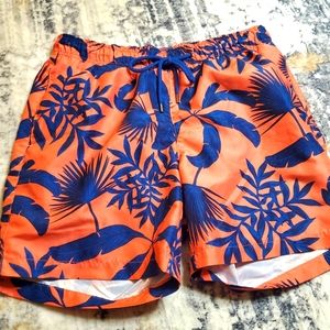 Ike Behar Men's Swimsuit Leafy design coral orange with bold blue print sz Med